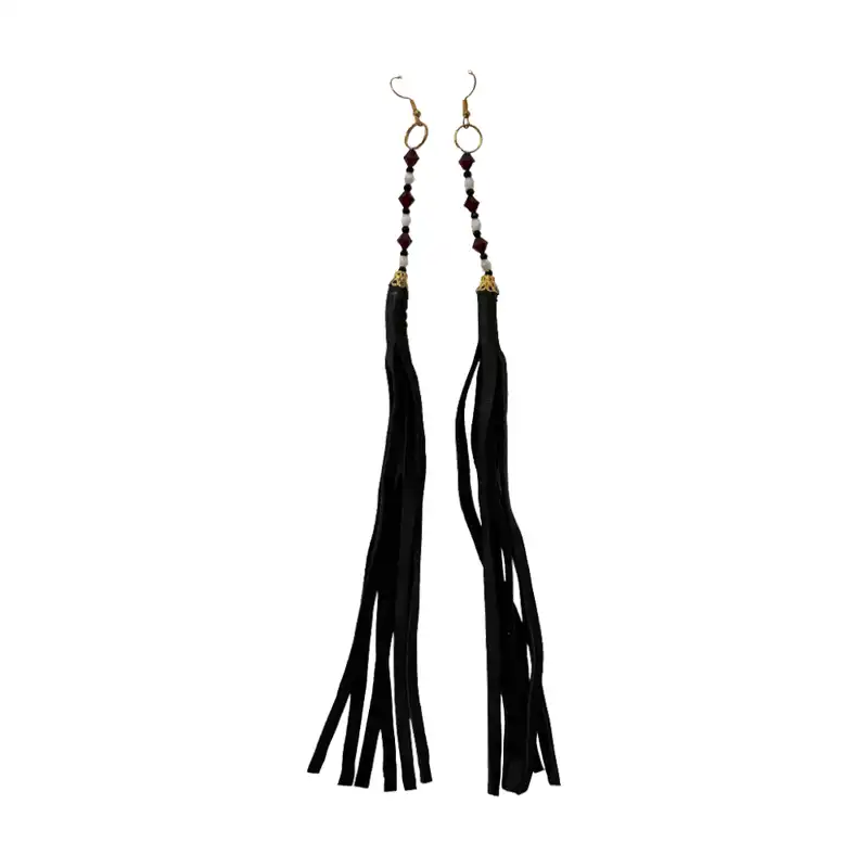 Leather Tassel & Crystal Accent Earrings
